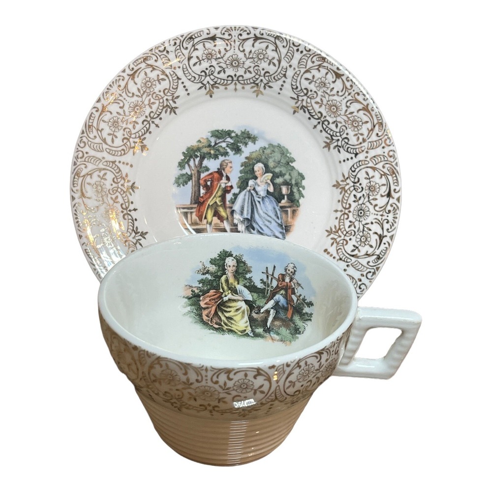 Sebring Pottery Cup Saucer Chantilly USA 22k Gold Courting Couple Porcelain Gilt